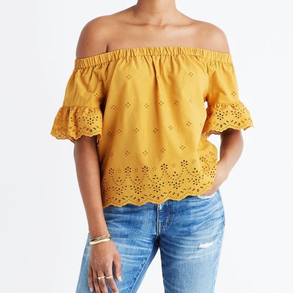 Madewell Eyelet Off-the-Shoulder Cropped Top Gold Apple Yellow Festival Small